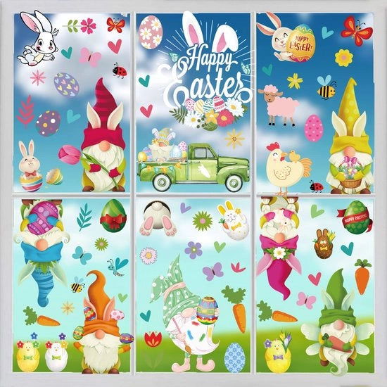 Decorazioni per finestre di Pasqua con uova di coniglio e pulcini, adesivi per finestre decorativi riciclabili per Pasqua, 9 adesivi per finestre, decorazioni per finestre di Pasqua con uova di coniglio e pulcini.