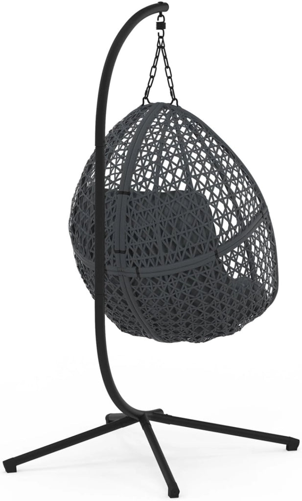 Poltrona a Luna sospesa in Rattan Traforato con Cuscino Grigio