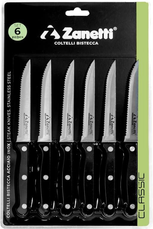 Set 6 Coltelli da Tavola Bistecca Lama in Acciaio Inox Nero Zanetti