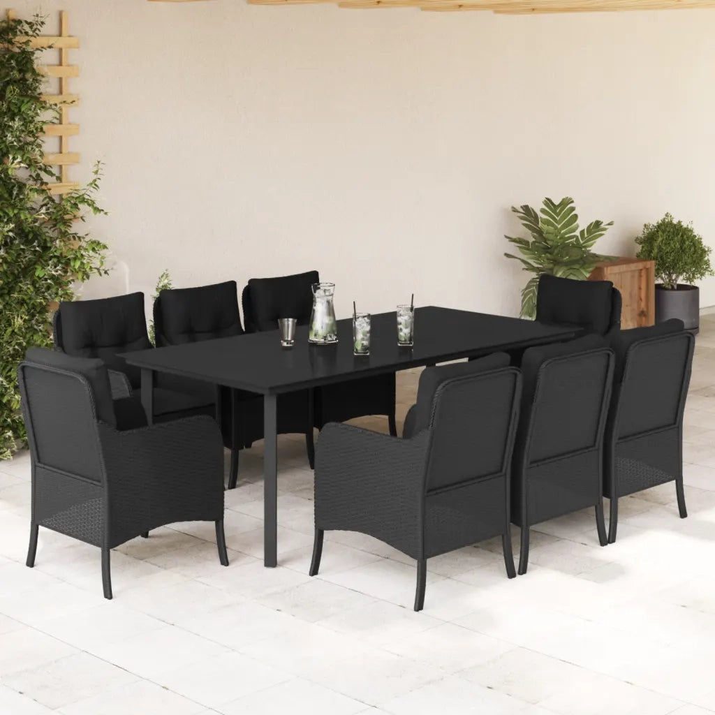Set da Pranzo da Giardino 9 pz con Cuscini Nero in Polyrattancod mxl 89443