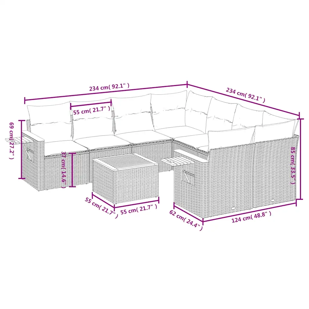 Set Divano da Giardino 9 pz con Cuscini Beige in Polyrattan
