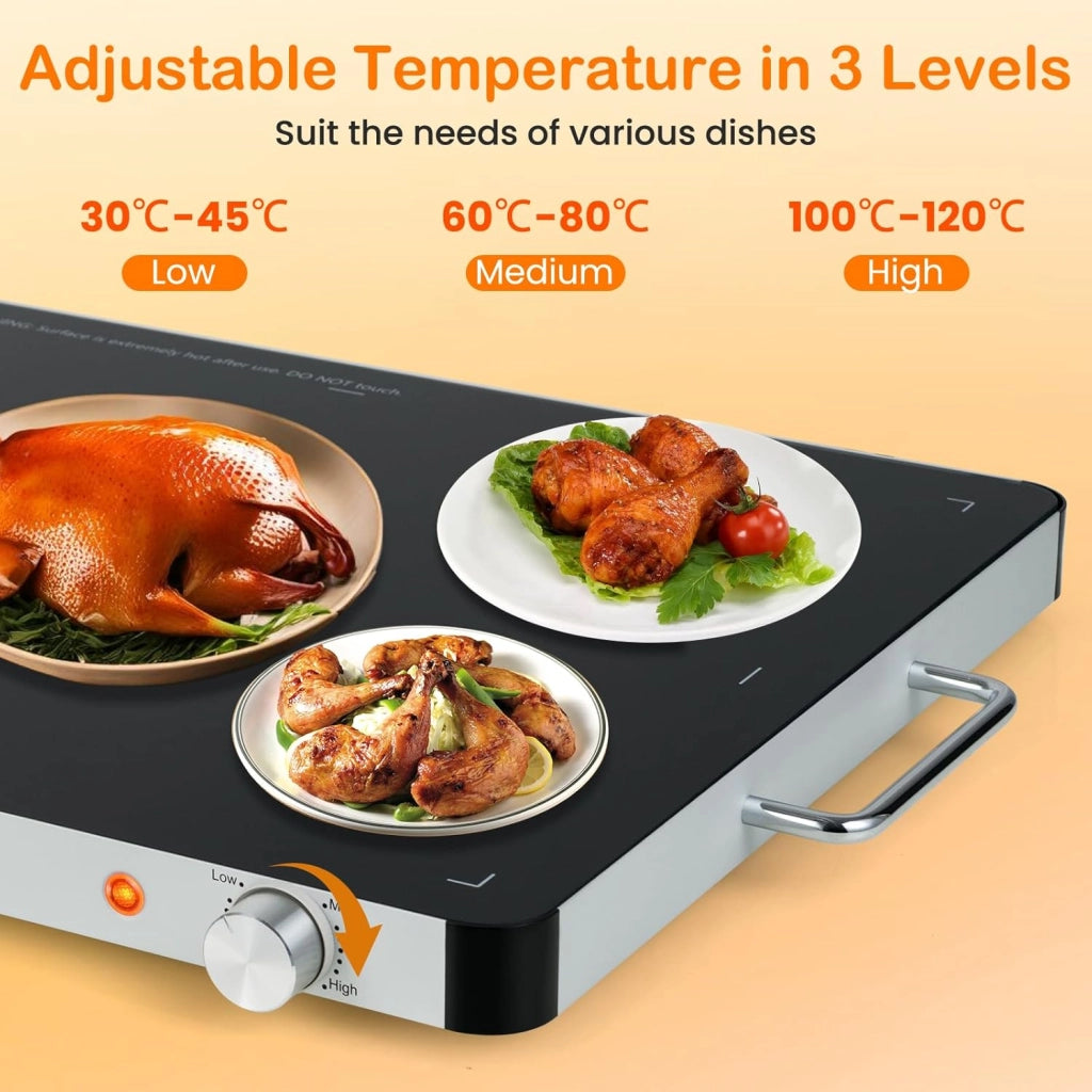 Vassoio Scaldavivande Elettrico 400 W, Scalda Vivande Temperatura Regolabile 30-120℃, Vassoio 53 X 40 CM, con Maniglia Cool-Touch, Superficie in Vetro Temperato, per Famiglia, Feste, Picnic