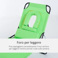 Sdraio Pieghevole con Foro per Lettura e Cuscino, Reclinabile su 4 Livelli, in Tessuto Oxford e Struttura in Acciaio, Verde