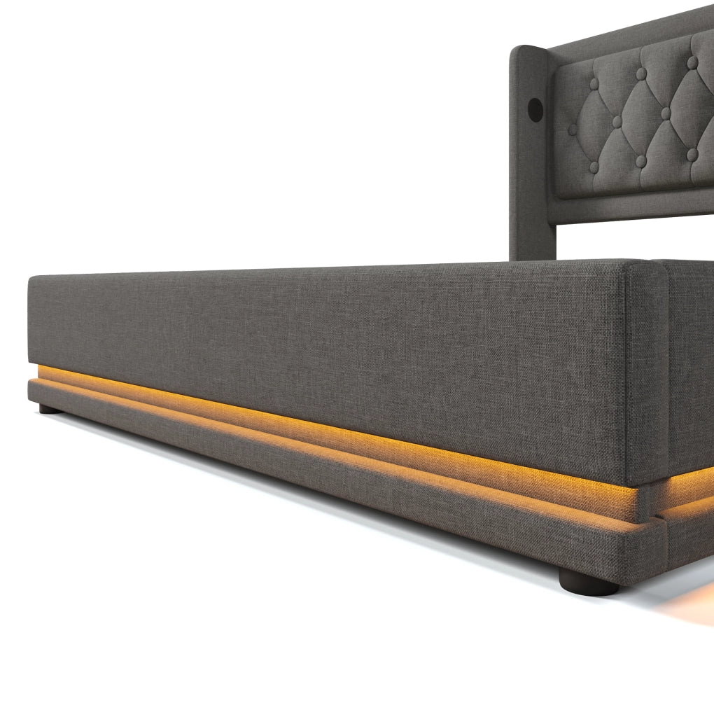 Letto 180x200 cm con contenitore idraulico, LED, USB e USB-C in cotone grigio