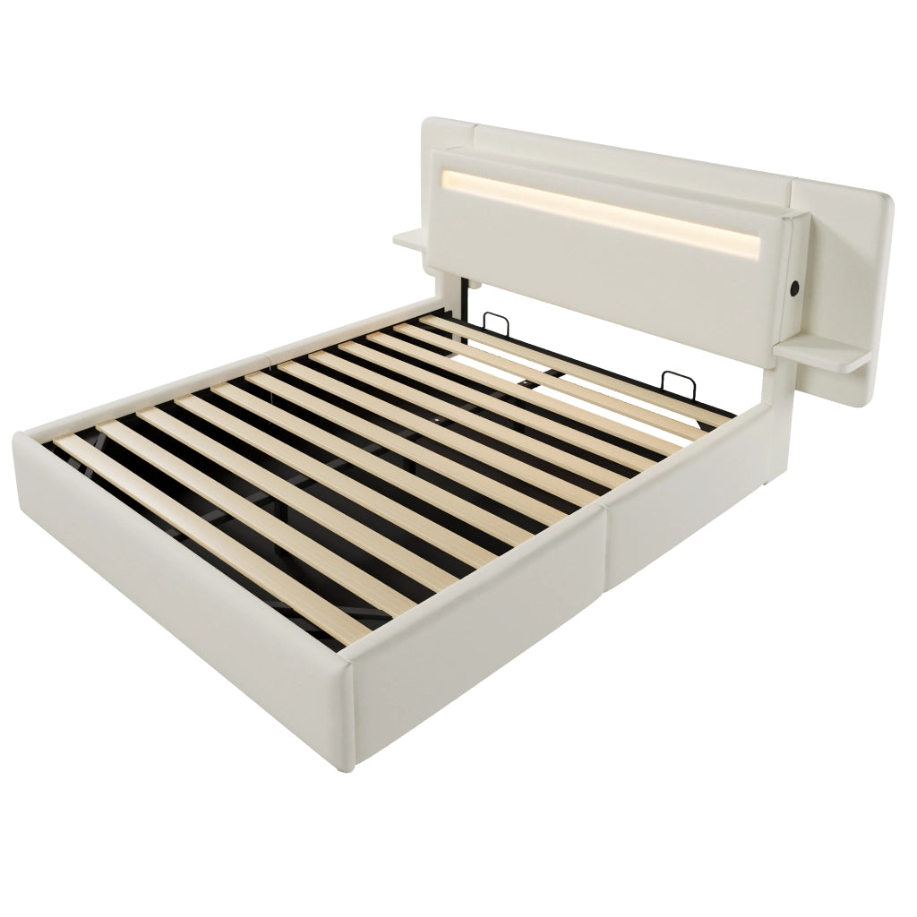 Letto imbottito 140x200 cm beige con contenitore idraulico; LED multicolore e comodino integrato