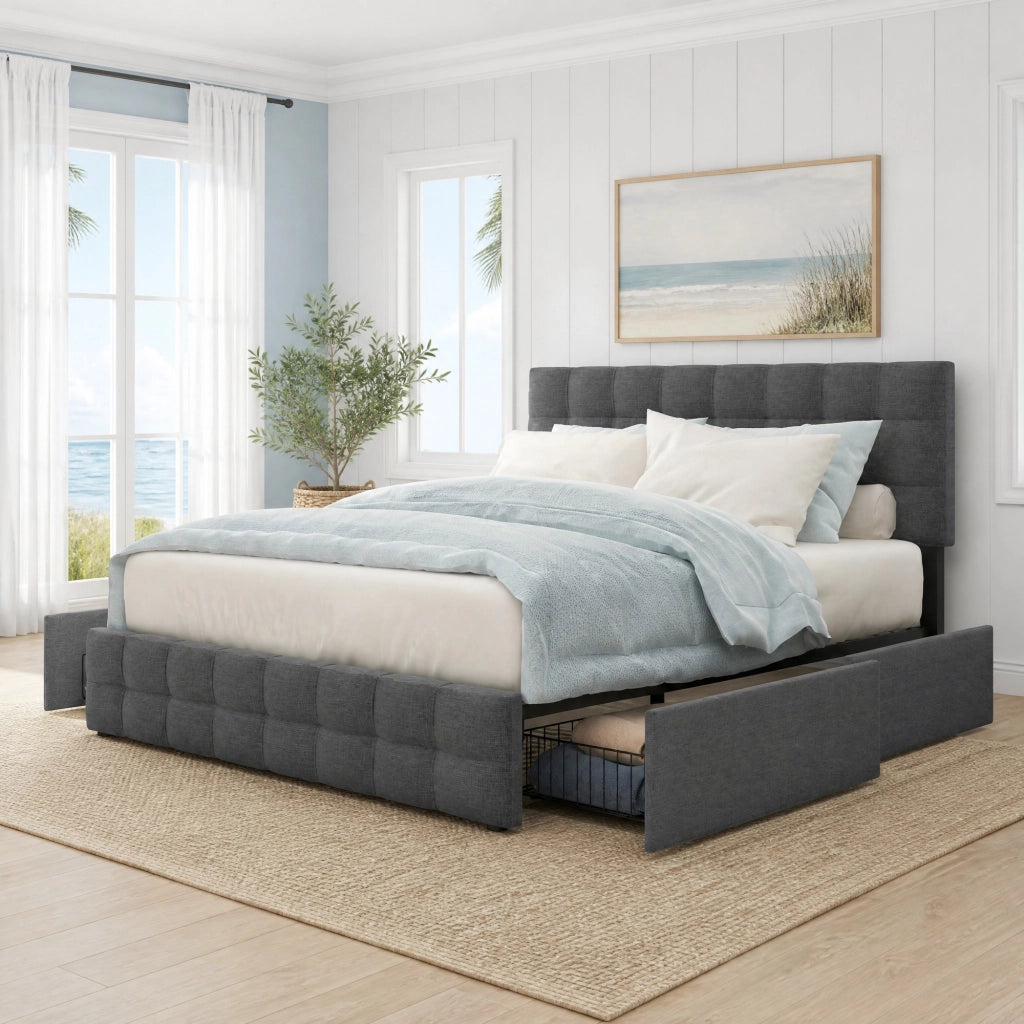 Letto imbottito matrimoniale 140x200 cm con 4 cassetti; testiera regolabile; grigio