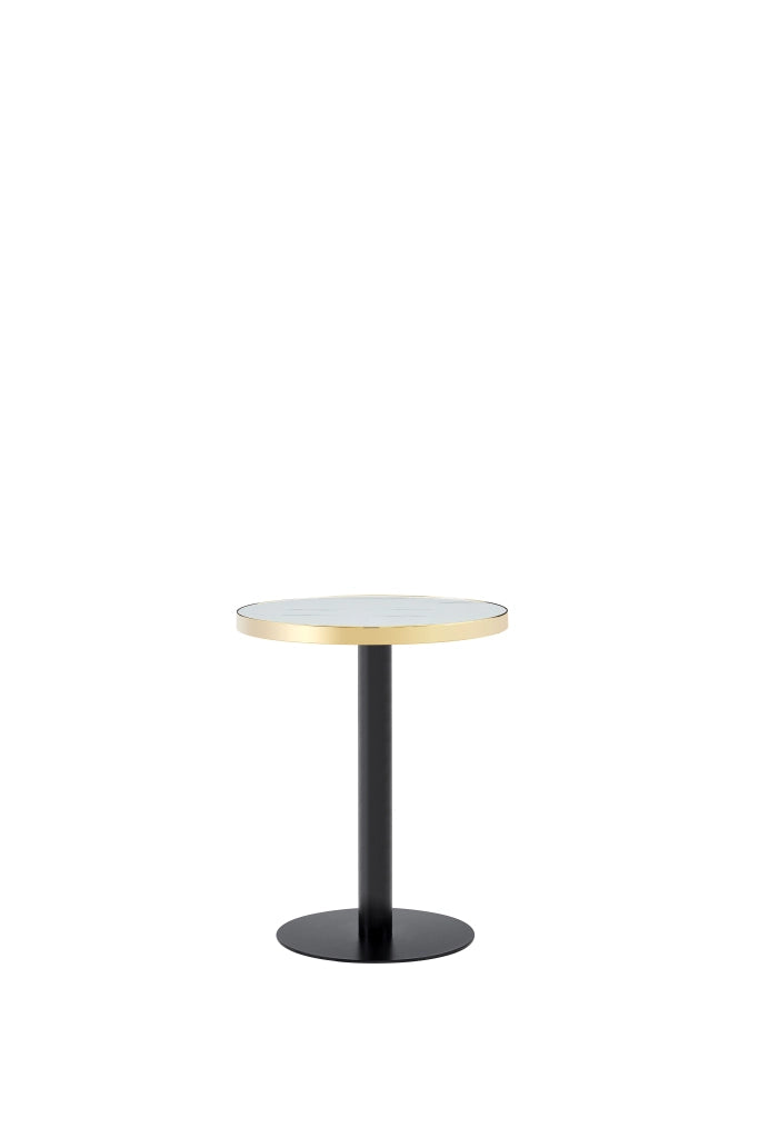 Tavolino basso rotondo con piano effetto marmo e base in acciaio inox dorato per soggiorno moderno in MDF bianco