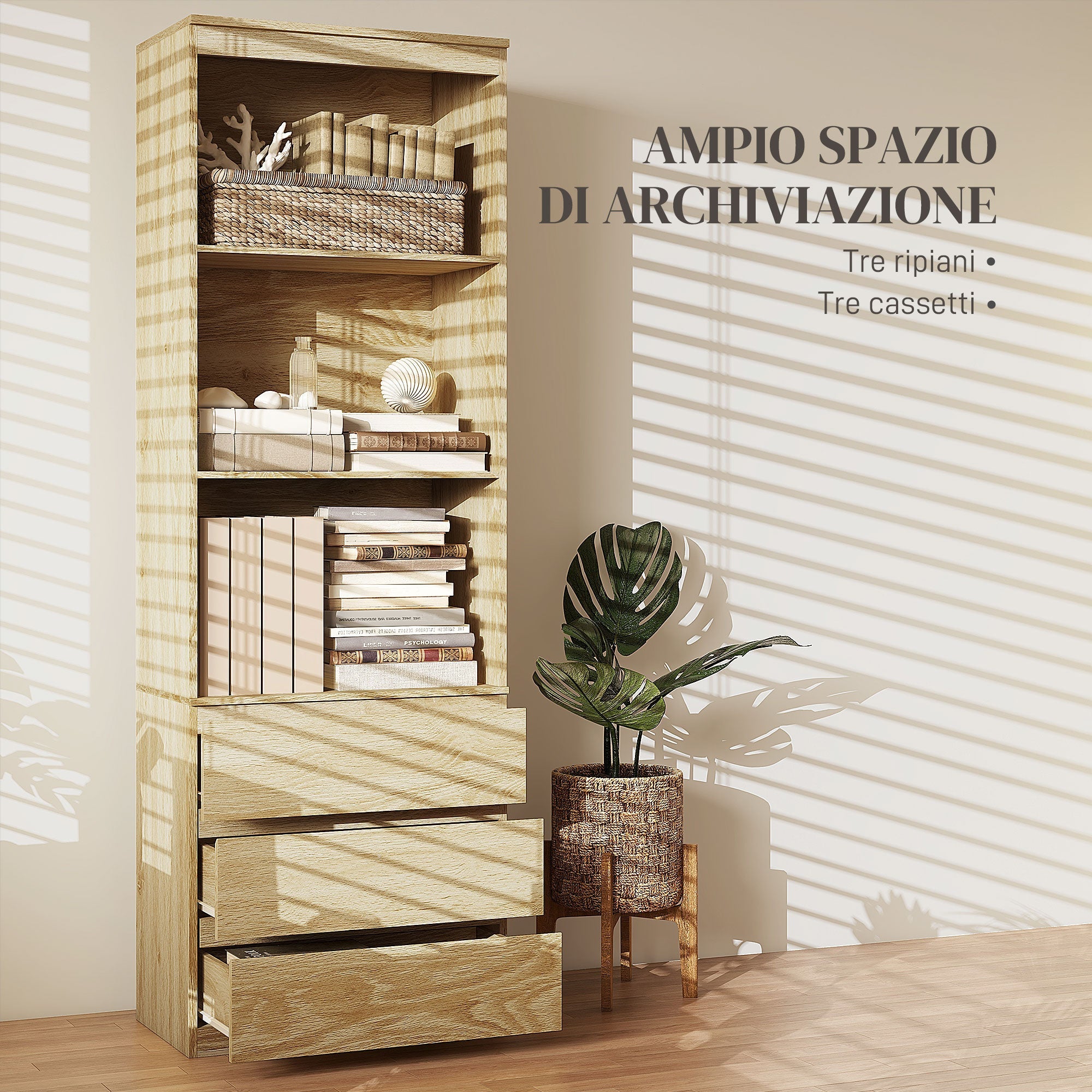 Mobile Libreria con 3 Ripiani e 3 Cassetti 60x35x180 cm in Legno Rovere
