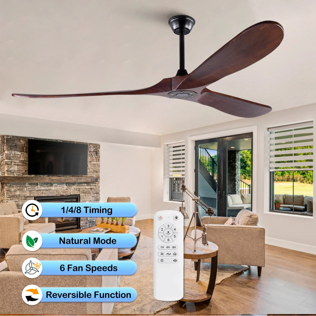 Ventilatore da soffitto 70 pollici senza luce, legno massello color noce, extra grande, impermeabile, per esterni, motore DC silenzioso