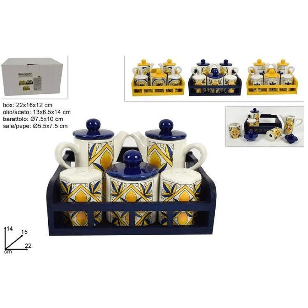 Trade Shop - Set 5 Pz Menage In Ceramica Decorata Fantasia Maiolica Con Espositore Supporto -