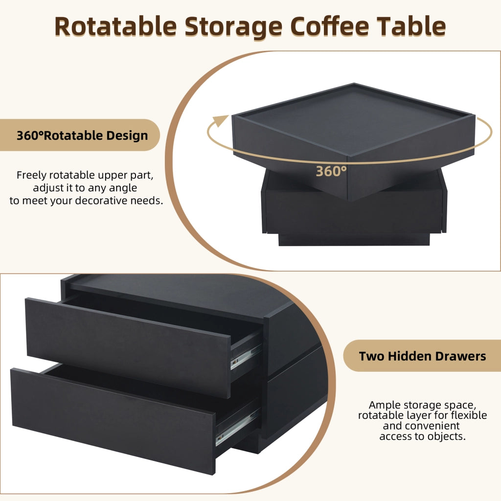 Tavolino basso girevole a 360° con 2 cassetti e bordo rialzato per soggiorno in truciolare nero 60 × 60 × 38 cm