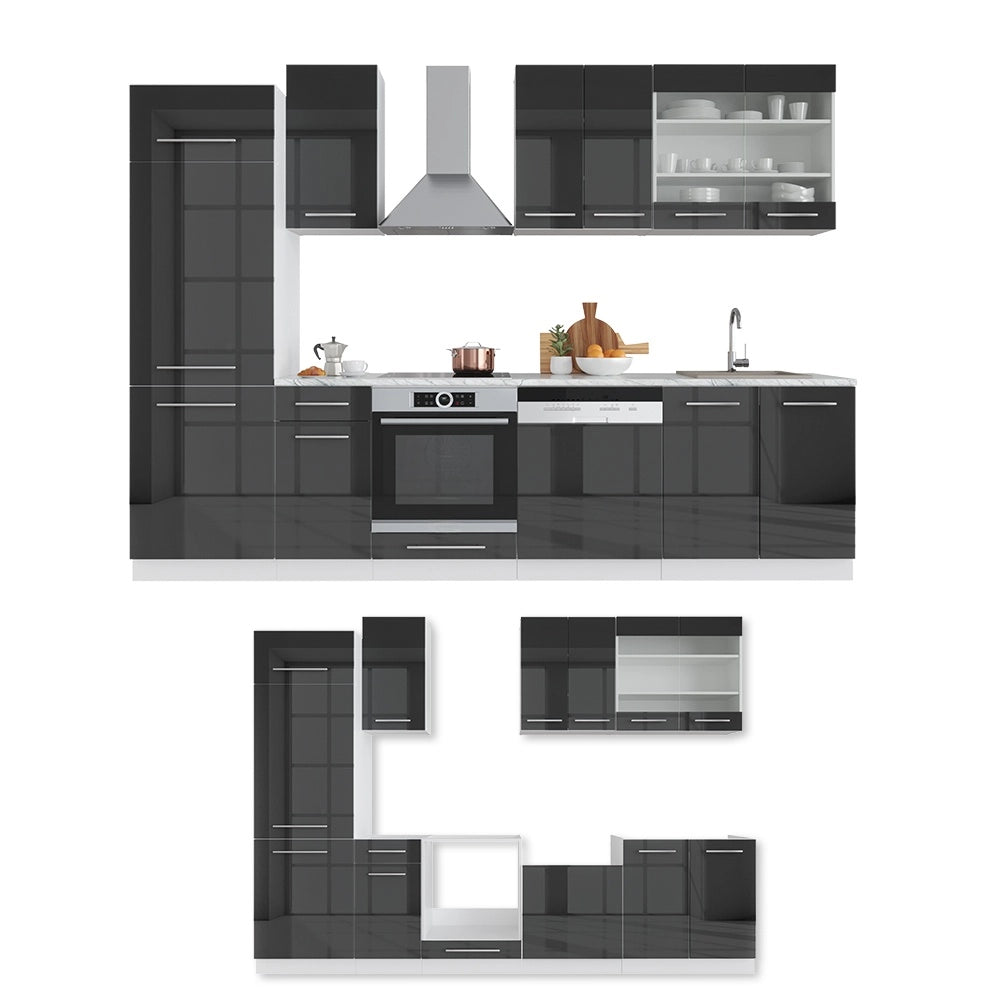 Cucina componibile Fame-Line Antracite lucido/Bianco 300 cm senza piano di lavoro Vicco