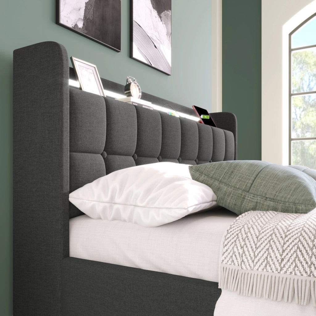 Letto matrimoniale 180x200 cm con USB; prese; LED e 4 cassetti; grigio