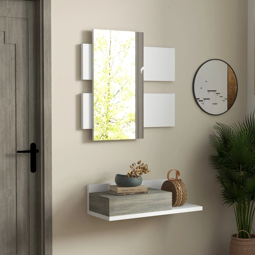 Mobile da Ingresso 2 in 1 con Specchio da Parete 75x3.5x75 cm e Cassetto 75x30.5x20 cm, Grigio e Bianco