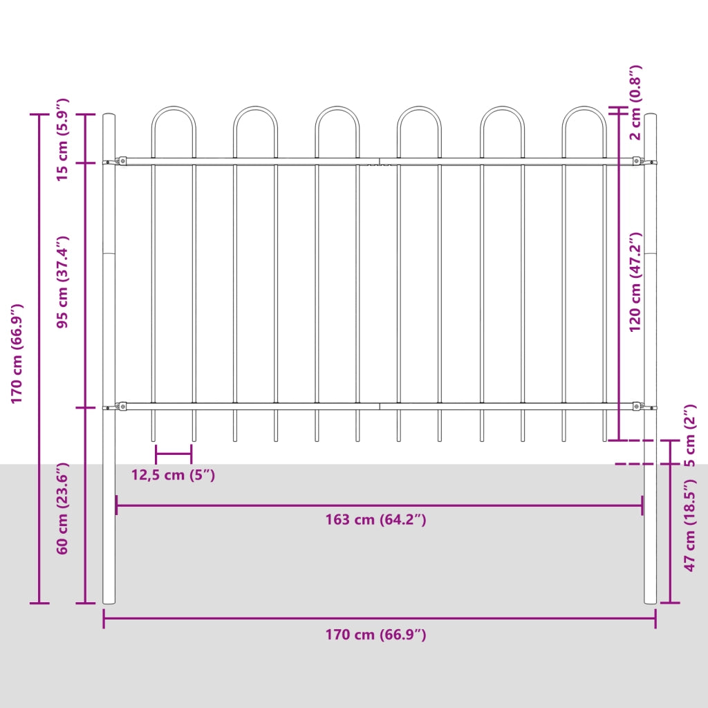 Recinzione da Giardino  con Parte Superiore a Ghianda Grigia 1,7x1,2 m in Acciaio