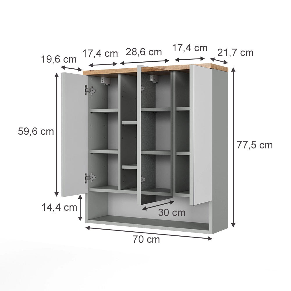 Vicco Specchio contenitore bagno Grigio/Artisan 70 x 77.5 cm con 3 ante a specchio
