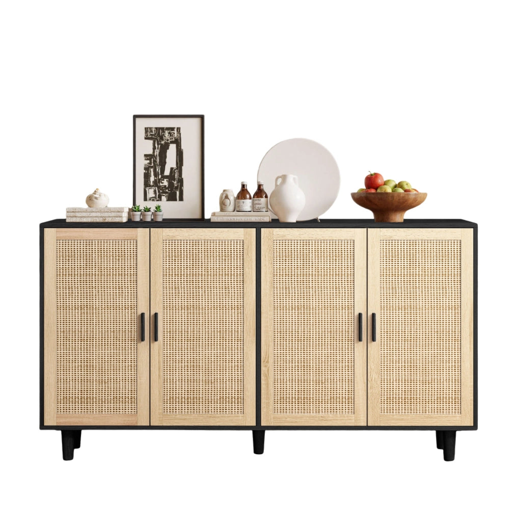Credenza con 4 ante in rattan 158 x 40 x 88 cm nera
