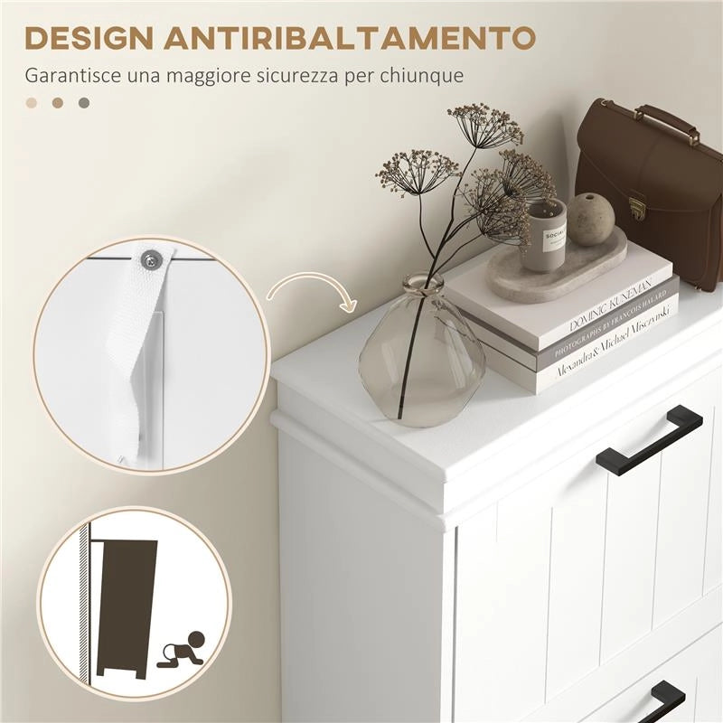 SCARPIERA MODERNA CON 3 CASSETTI RIBALTABILI PER 15 PAIA DI SCARPE E RIPIANO REGOLABILE, 54X24X117.5CM, BIANCO