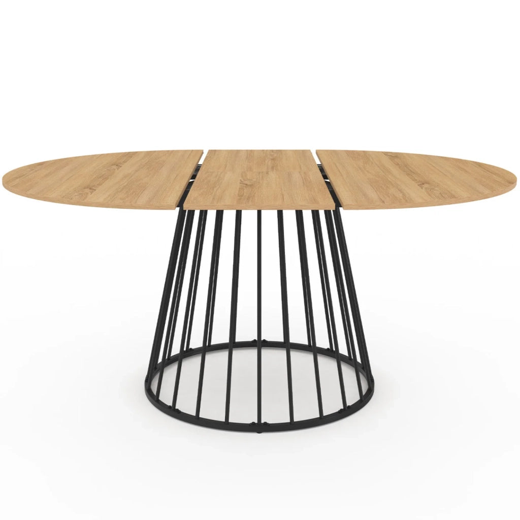 IDMarket - Set tavolo da pranzo rotondo allungabile YUNA con piano in legno e gamba in filo metallico 110-150 cm e 4 sedie ROBINE PU nere