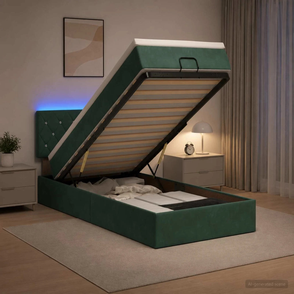 Letto Ottomano con Materasso e LED Verde Scuro 90 x 200 cm 3457044