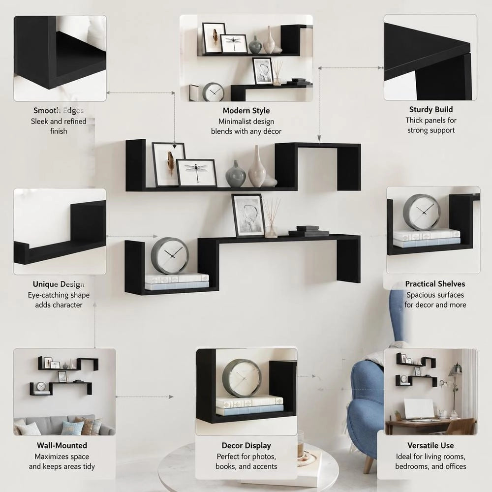 Wall Shelves, 2 Pieces, Black, 100x15x20 Cm, Wood-based Material