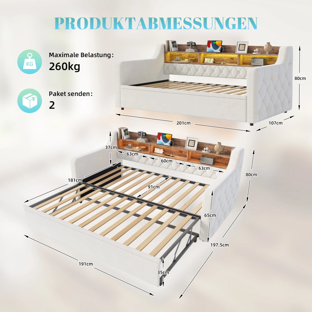 LETTO Divano letto estraibile 90x190 cm in velluto beige con LED e USB