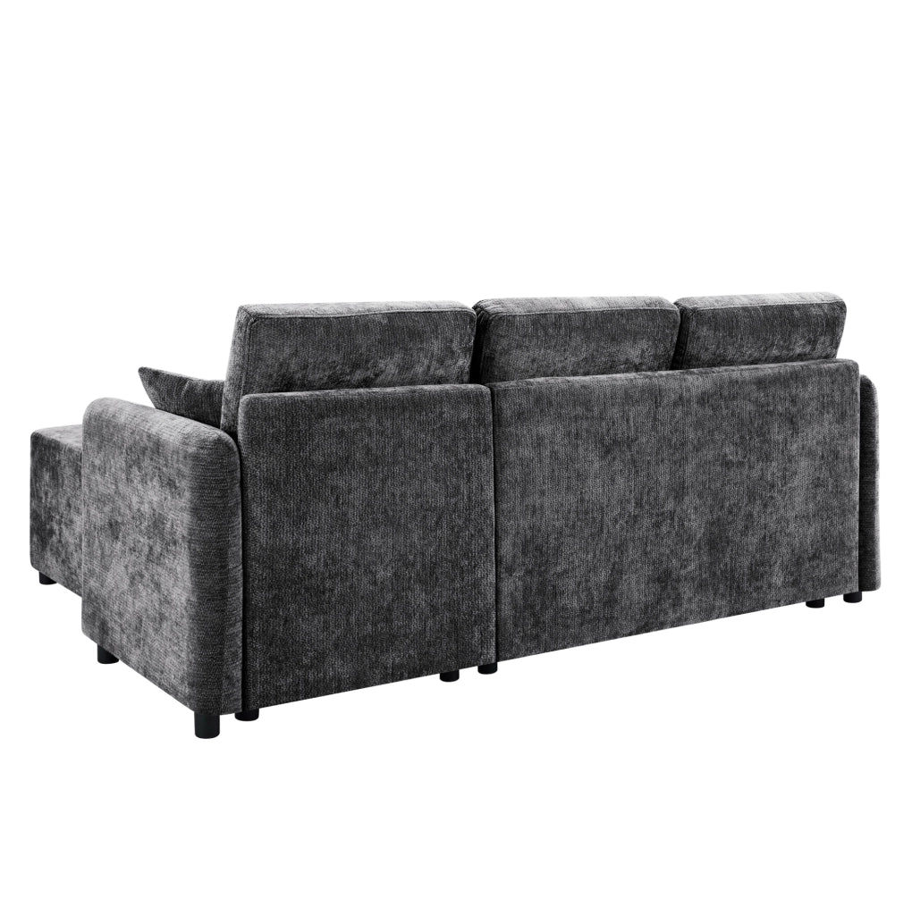 Divano angolare 3 posti nero in ciniglia con chaise longue, 2 cuscini