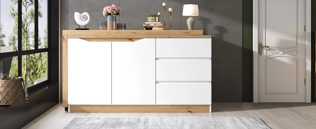 Scrivania pieghevole multifunzionale con 2 ante, 3 cassetti e ruote frenanti, per studio, bianco e rovere 120 × 50 × 78 cm