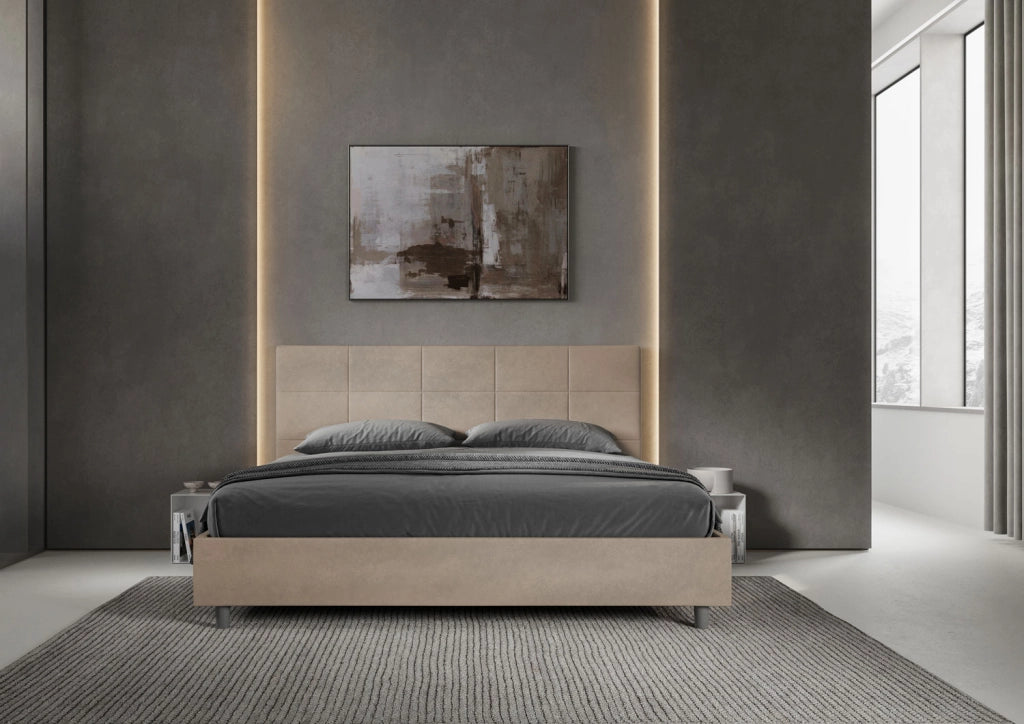 BS COM Letto matrimoniale king size contenitore imbottito 200x210 microfibra sabbia