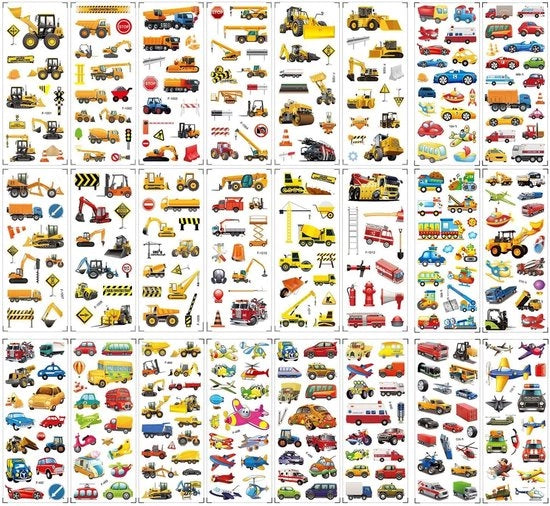 Sticker 3D 24 pezzi - Veicoli da costruire - Sticker auto - Per bambini - Multicolore - Impermeabile/Resistente alle scalfitture