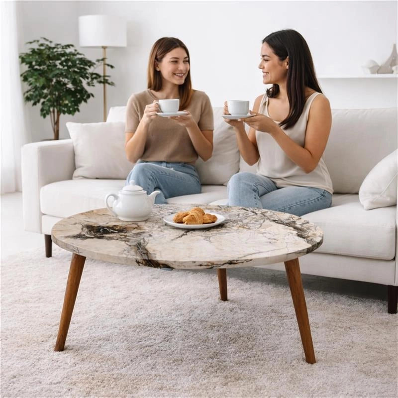 TABLE TAVOLINO TONDO DA CAFFÈ CON PIANO AD EFFETTO MARMO BIANCO DA D.75X43H  CM