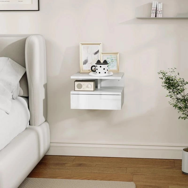 COMODINO SOSPESO PER CAMERA DA LETTO CON CASSETTO E RIPIANO APERTO IN LEGNO, 35X32X22.5 CM, BIANCO