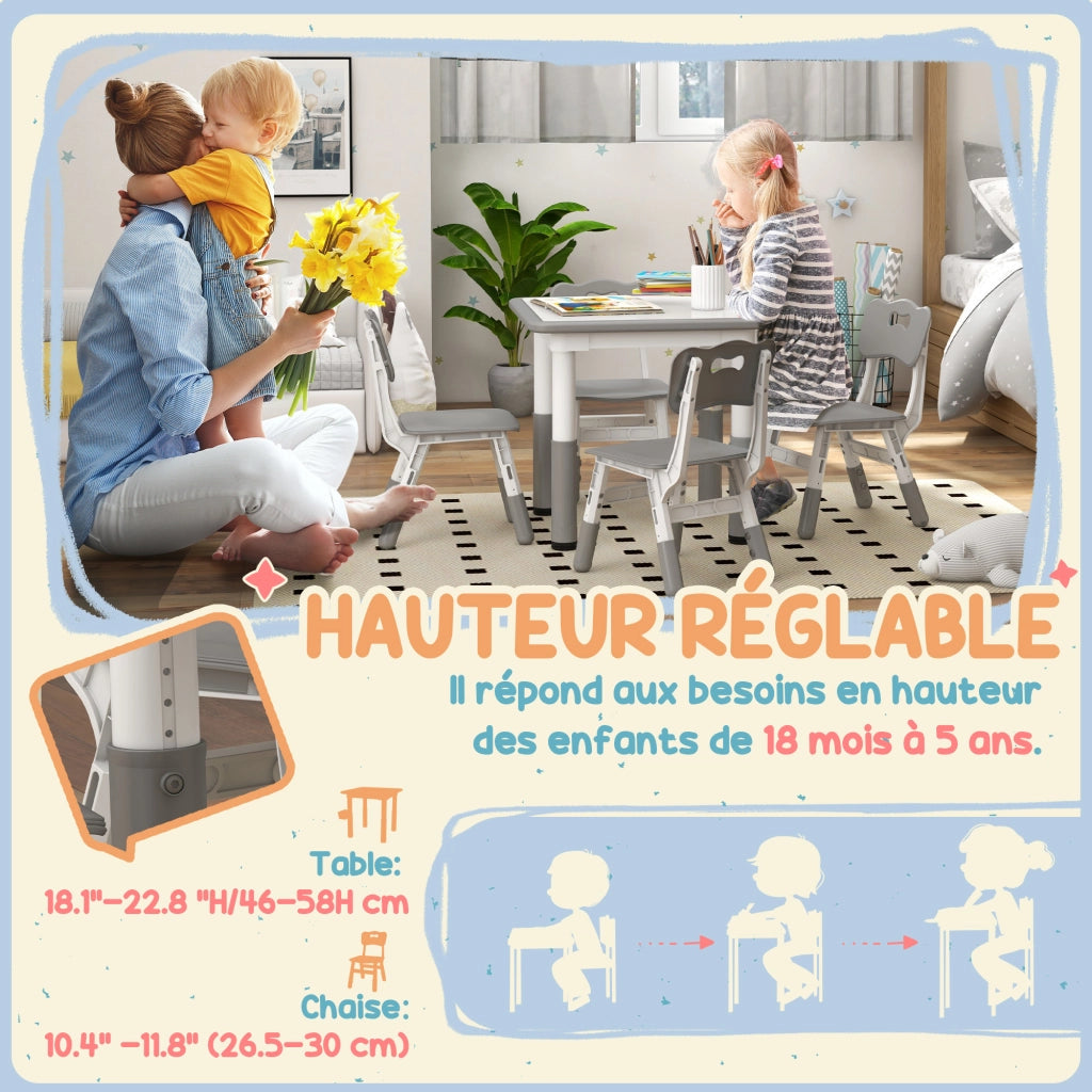 Set 4 Sedie e Tavolo per Bambini ¨C Zephmum ¨C Grigio, Altezza Regolabile