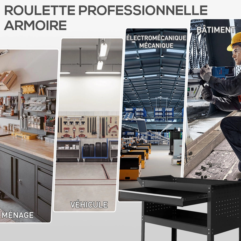 Carrello da lavoro a 3 livelli con cassetto e porta attrezzi ¨C zephmum ¨C nero 82x35x76 cm