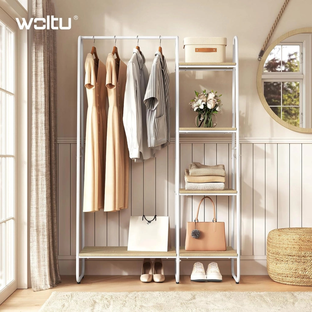 Stand Appendiabiti con Barra, Armadio Aperto con Scarpiera, 4 Ripiani, 6 Ganci Rimovibili, per Camera da Letto, Ingresso, 100x40x152 cm, in Metallo e Legno, Rovere Chiaro + Bianco