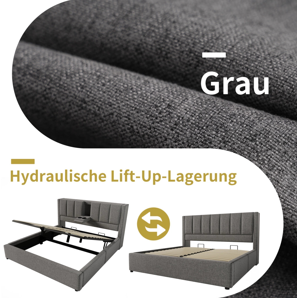 Letto imbottito con contenitore 160 × 200 cm; lino grigio; USB e USB-C