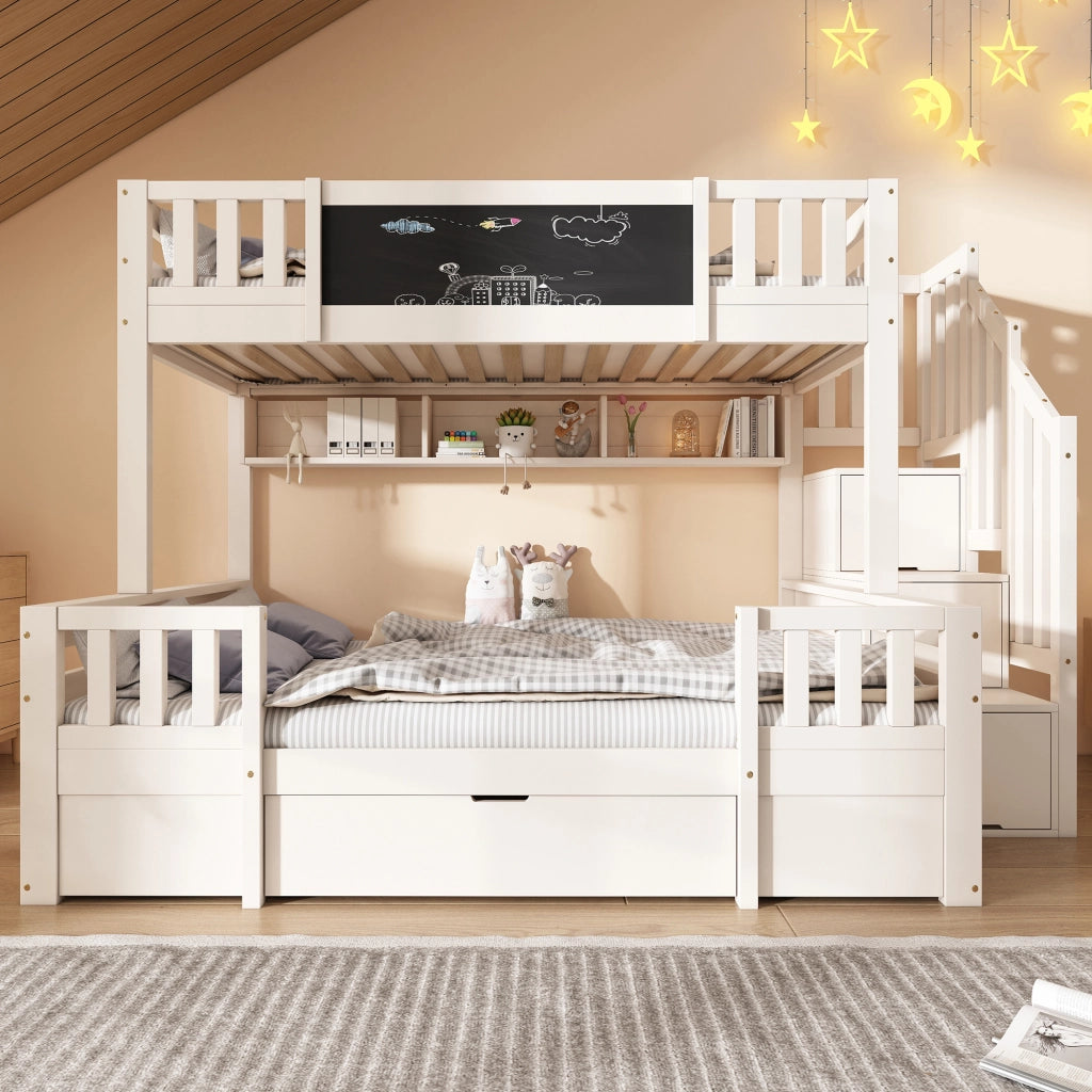 OKWISH Letto a Castello 90×200 cm e 140×200 cm, Letto 3 Posti con Contenitore, 2 Cassetti e Lavagna, senza Materasso, Bianco
