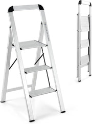 Scala 3 Gradini in Alluminio, Scaletta Pieghevole con Piedini Antiscivolo, Leggera e Portatile, Portata 150 kg, Attacco & Fibbia di Sicurezza, per Casa, Officina, Garage, 44 X 62 X 109 CM