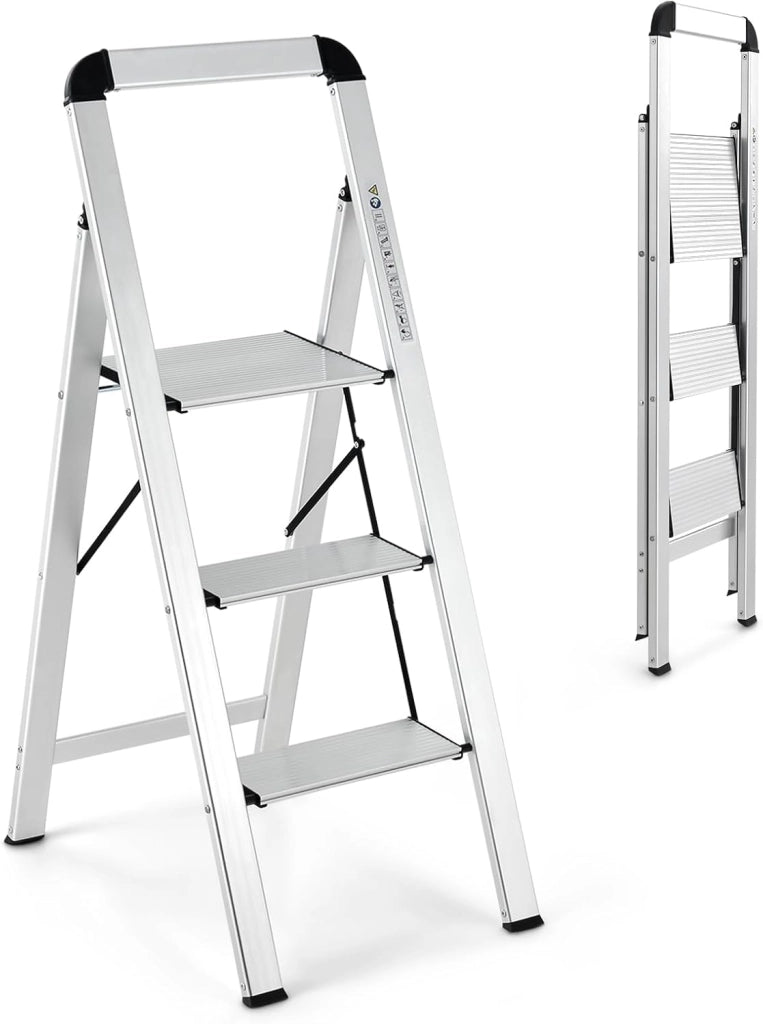 Scala 3 Gradini in Alluminio, Scaletta Pieghevole con Piedini Antiscivolo, Leggera e Portatile, Portata 150 kg, Attacco & Fibbia di Sicurezza, per Casa, Officina, Garage, 44 X 62 X 109 CM