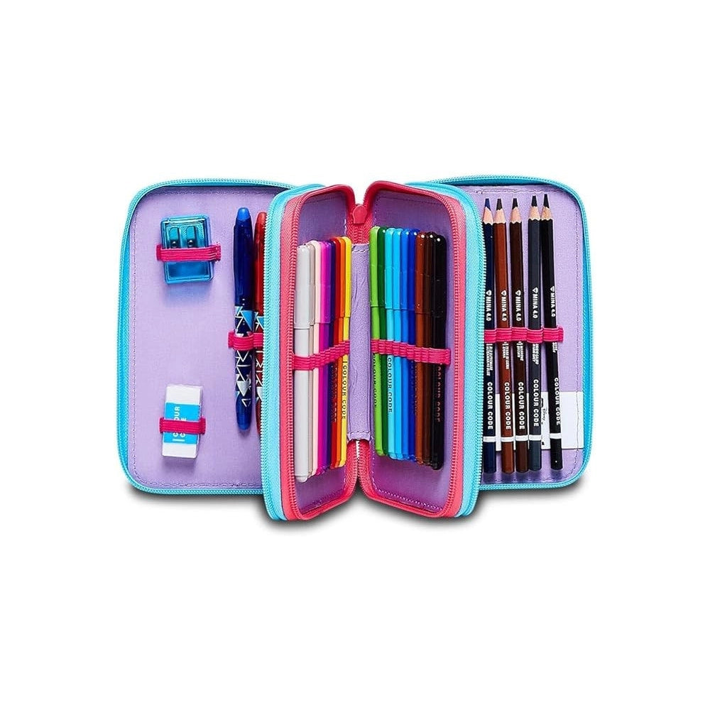 Trade Shop - Astuccio Stitch E Lilo 3 Zip Per Scuola Elementare Completo Di Accessori Seven -