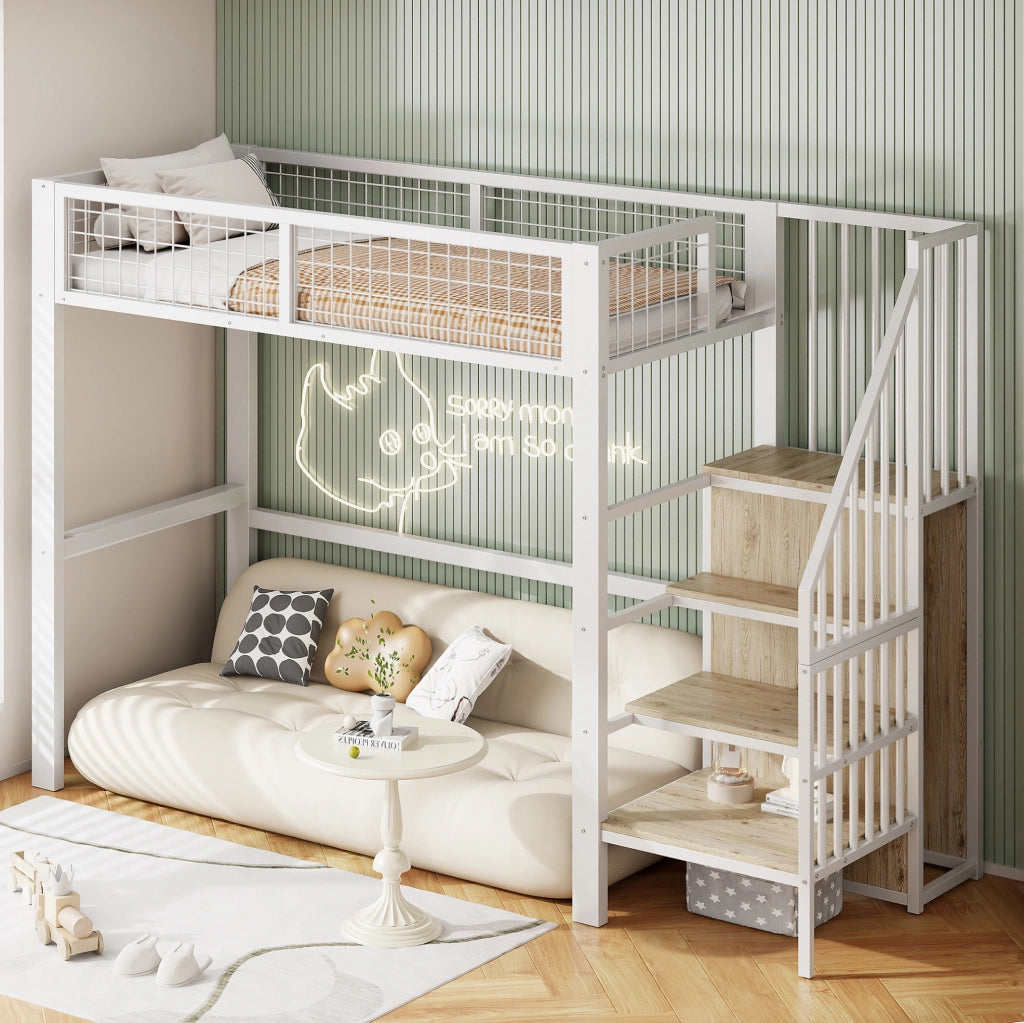 Letto a soppalco ULEVR 90x200 cm con scala, guardaroba e sponde di sicurezza, metallo e MDF bianco