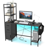 Scrivania da ufficio con luci LED e prese di corrente-Scrivania per computer con ripiani aperti scrivania gaming per casa Nero