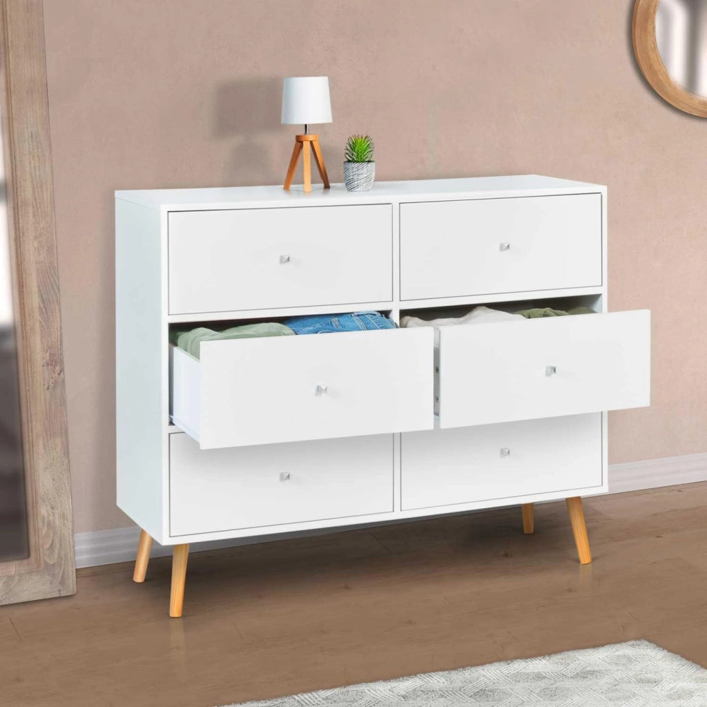 EMMIE 110 cm Cassettone scandinavo bianco a 6 cassetti