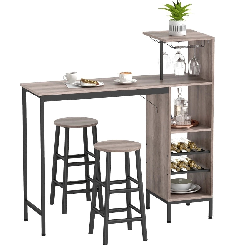 Set tavolo bar con 2 sgabelli, portabottiglie e portabicchieri