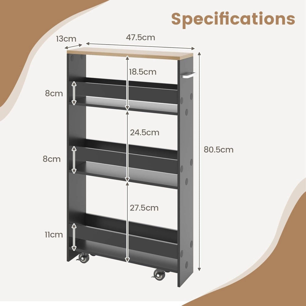 Carrello per Nicchia con Ruote, 4 Livelli，Carrello di Servizio Stretto Salvaspazio, da Bagno, Scaffale da Cucina Sottile 47,5 x 13 x 80,5 cm (Naturale+Grigio, Largo 13 cm)