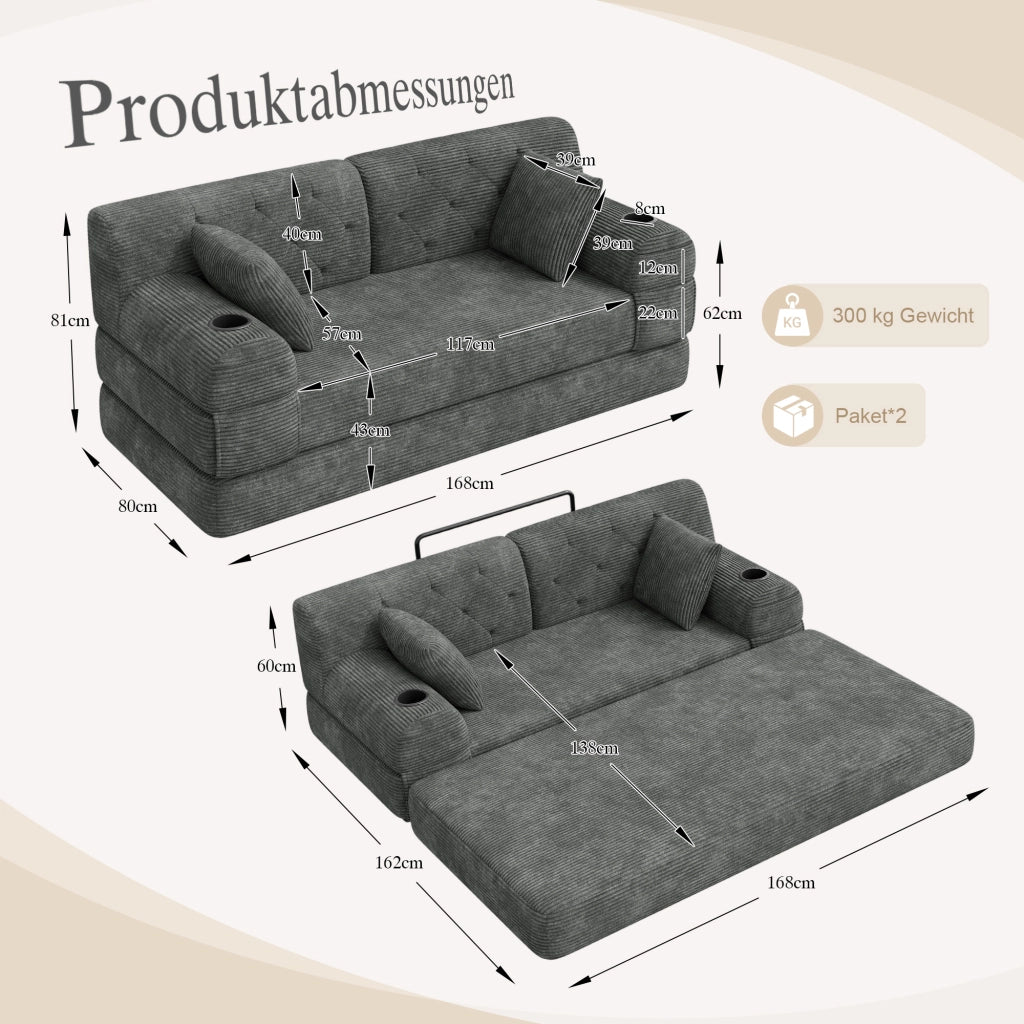 DIVANO LETTO 2 Posti 168x80x81 cm in Corduroy Grigio Scuro