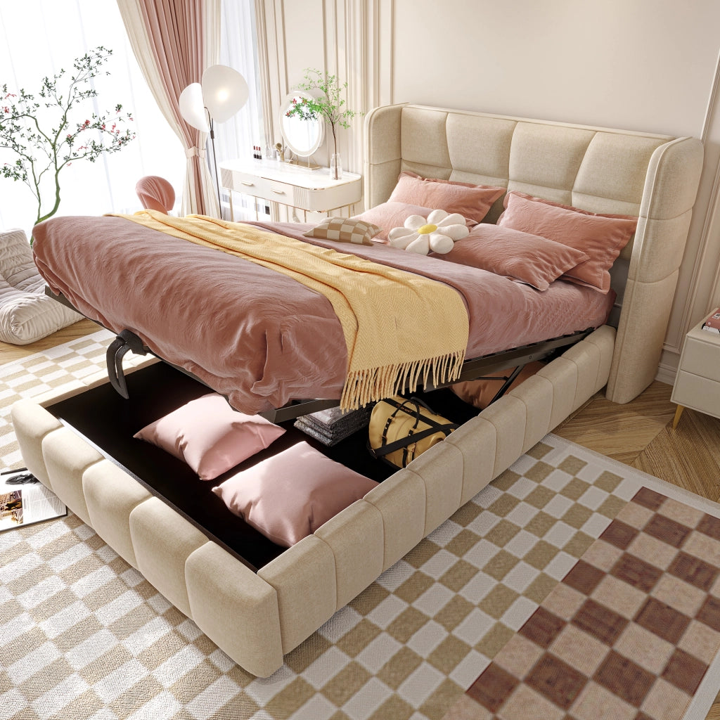 Letto per bambini 90 × 200 cm con contenitore sollevabile, testiera imbottita, senza materasso, beige