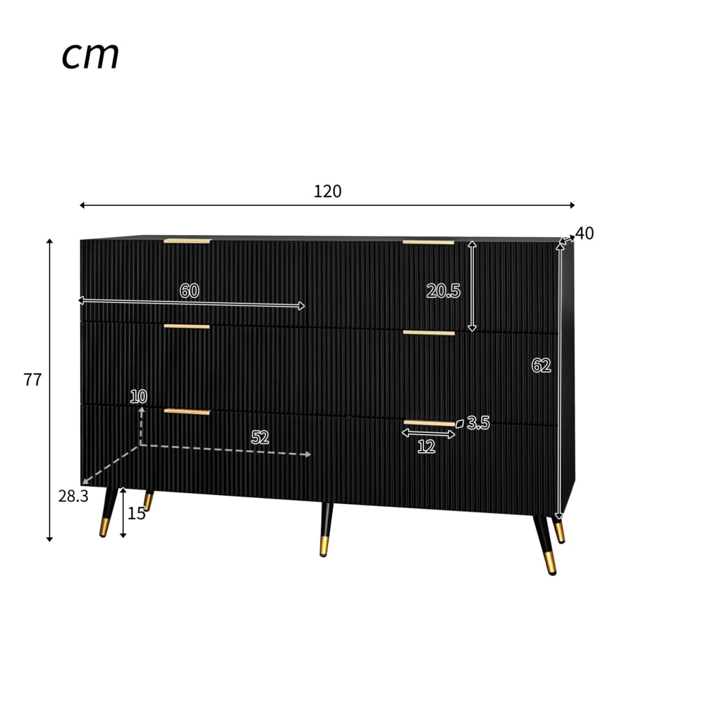 Credenza 120x40x77 cm con 6 cassetti in truciolare nero