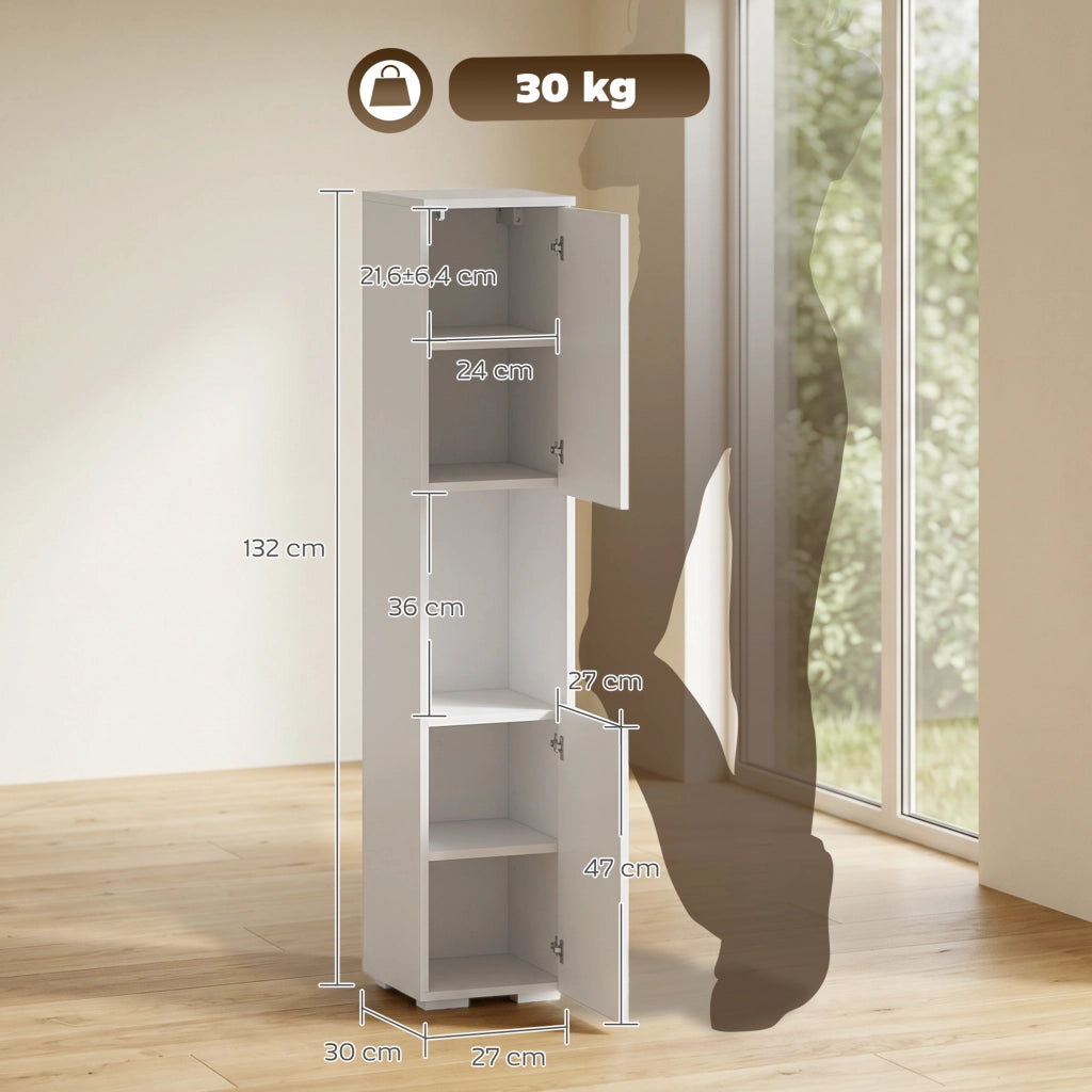 Mobile Multimediale Slim 27x30x132 cm a 5 Ripiani con Ripiani Regolabili Bianco