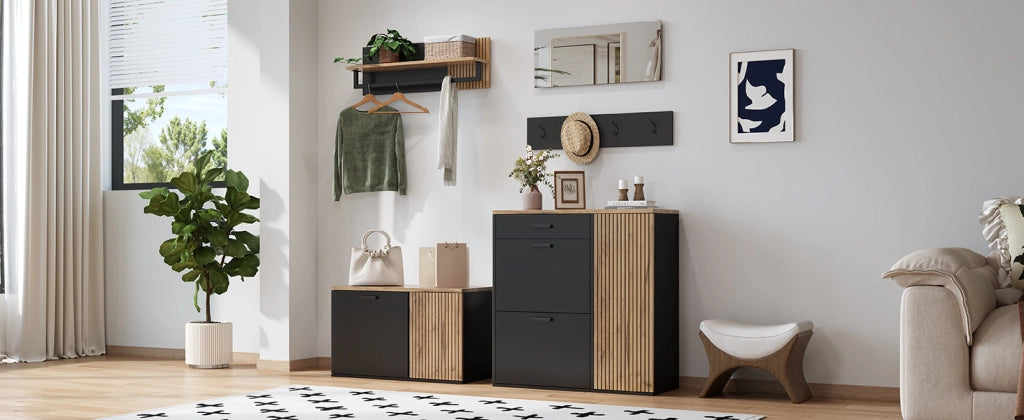 Set da ingresso 5 pezzi con specchio; 2 armadietti; 4 ganci e mensola; truciolato; nero e legno